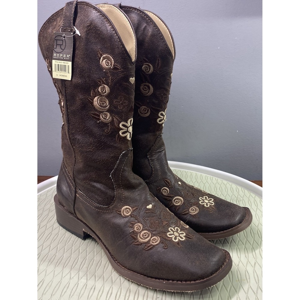 Roper Women's Western Leather Brown Floral Cowboy Riding Cowgirl boots Sz.8 NWT
